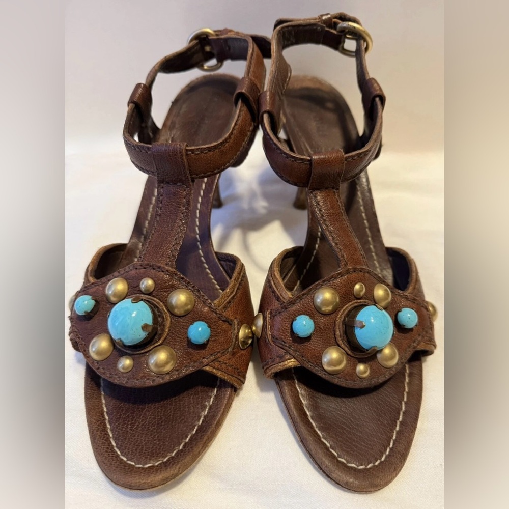 Miu Miu Brown Leather With Turquoise & Gold Stud T Strap Kitten Heel Sandal 40